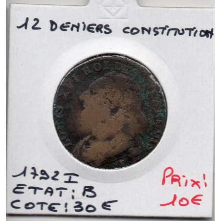 12 denier Constitution Louis XVI 1792 I 1er sem LImoges B, France pièce de monnaie