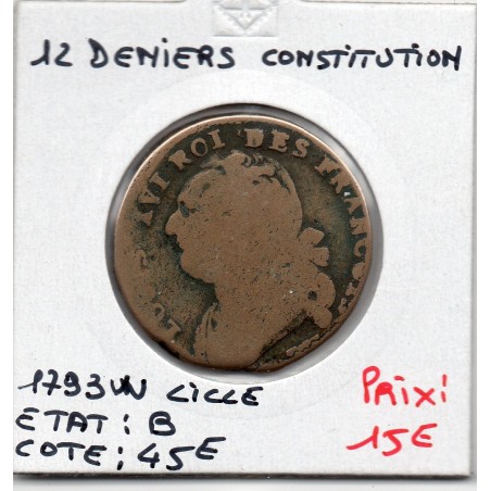 12 denier Constitution Louis XVI 1793 W Lille B, France pièce de monnaie