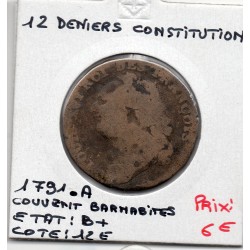 12 denier Constitution Louis XVI 1791 .A COuvent barnabites B+,  Gad 15 France pièce de monnaie