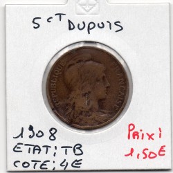 5 centimes Dupuis 1908 TB, France pièce de monnaie