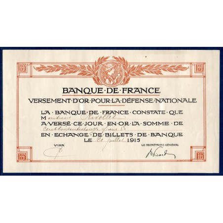 Bon de Versement d'or pour la défense nationale, 172 francs 21.7.1915