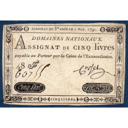 Assignat 5 livres 1.11.1791 TB signature Corsel