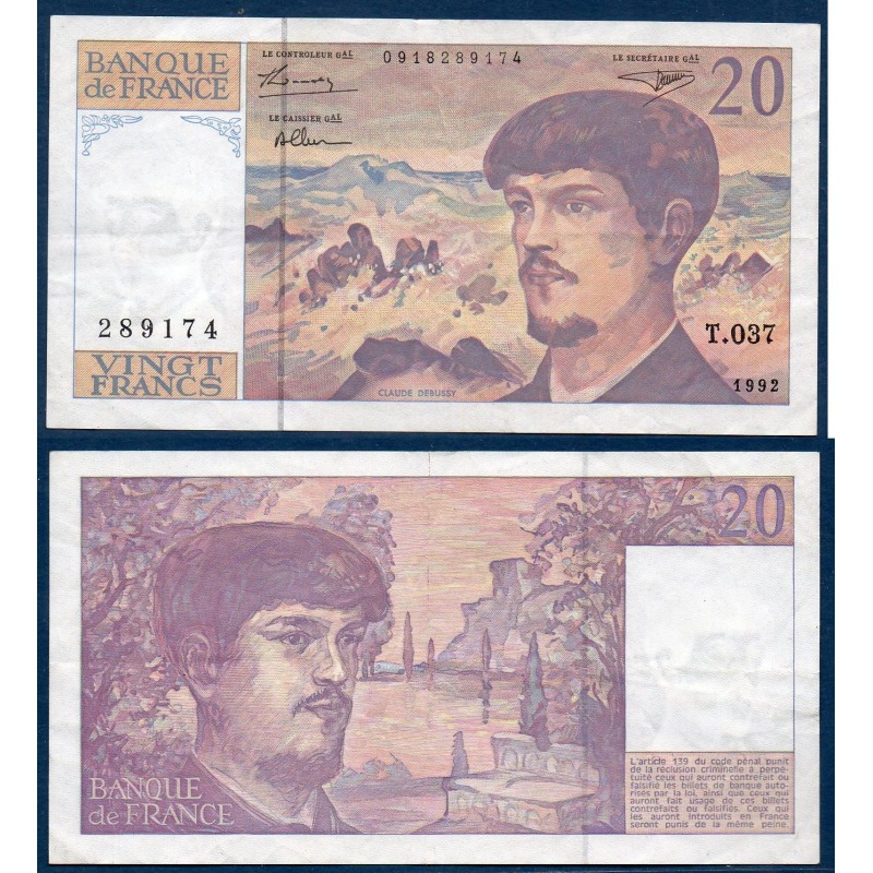 20 Francs Debussy TTB+ 1992 Billet de la banque de France