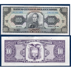 Equateur P.123Aa, TTB Billet de 100 Sucres 1988-1991 Simon Bolivar