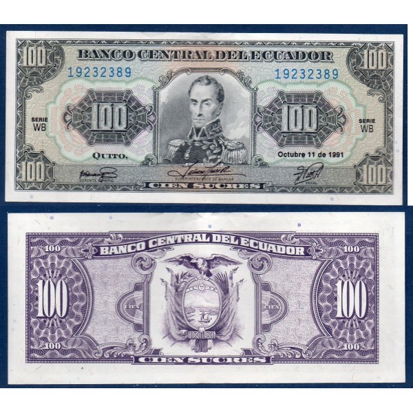 Equateur P.123Aa, TTB Billet de 100 Sucres 1988-1991 Simon Bolivar