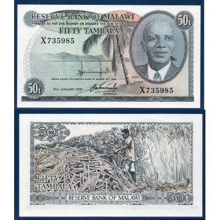 Malawi Pick N°9c, Neuf Billet de banque de 50 Tabala 1975