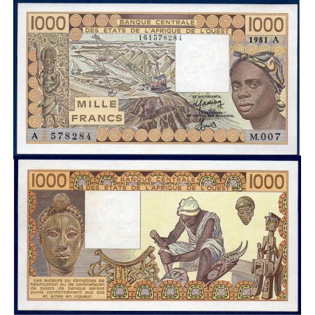 BCEAO Pick 107Ab pour la Cote d'Ivoire, neuf Billet de banque de 1000 Francs CFA 1981