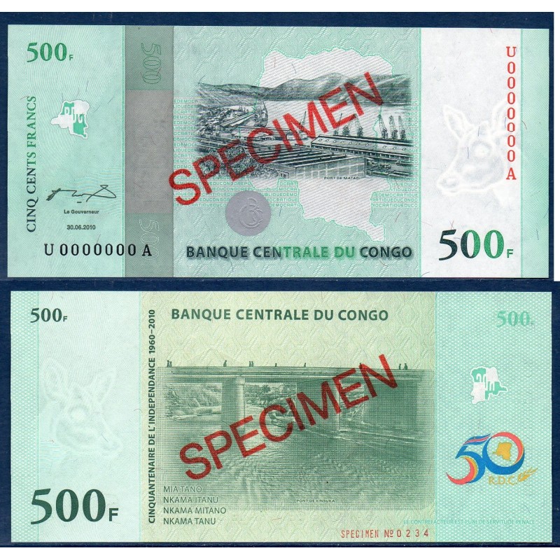 Congo Pick N°100s, specimen Billet de banque de 500 Francs 2010