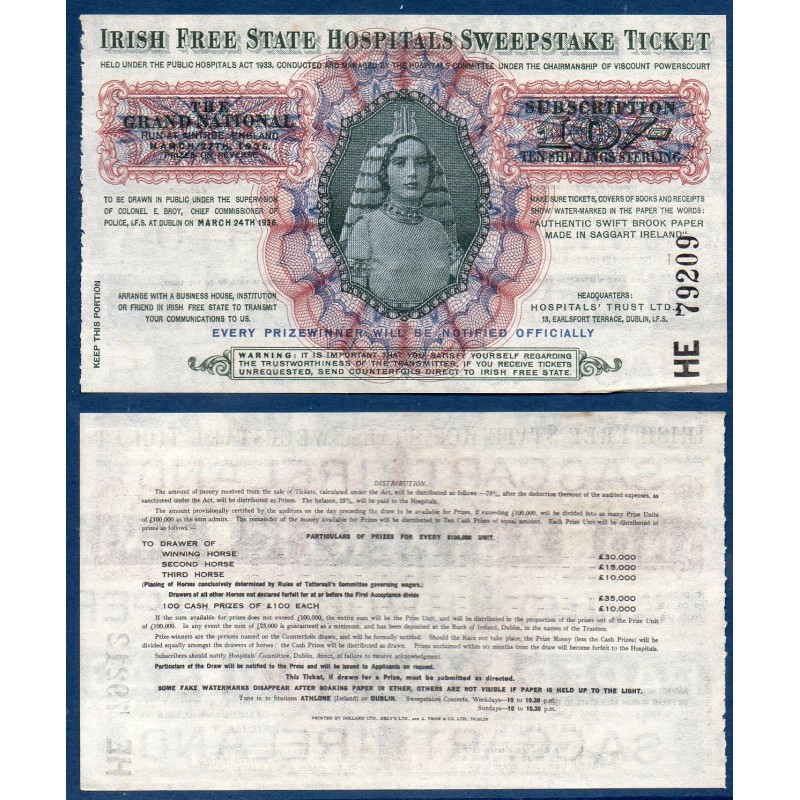 Irlande ticket hopital Sweepstake de 20 Shillings 1936