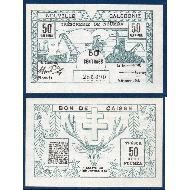 Nouvelle Calédonie Pick N°54, Neuf Billet de banque de 50 centimes 1943