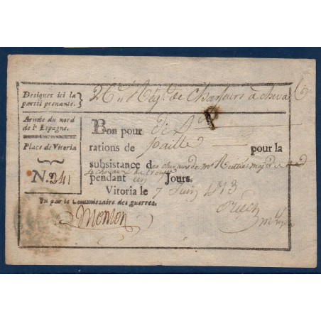 Bon pour 10 rations de Paille, armée du nord de l'Espagne, Sup, 7 juin 1813