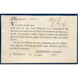 Reçu pour offrande paroisse de Besançon du 24 fevrier 1787 denier du culte