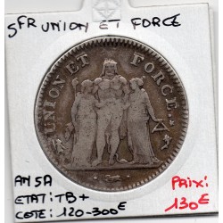 5 francs Union et Force An 5 Grand A Paris TB+, France pièce de monnaie