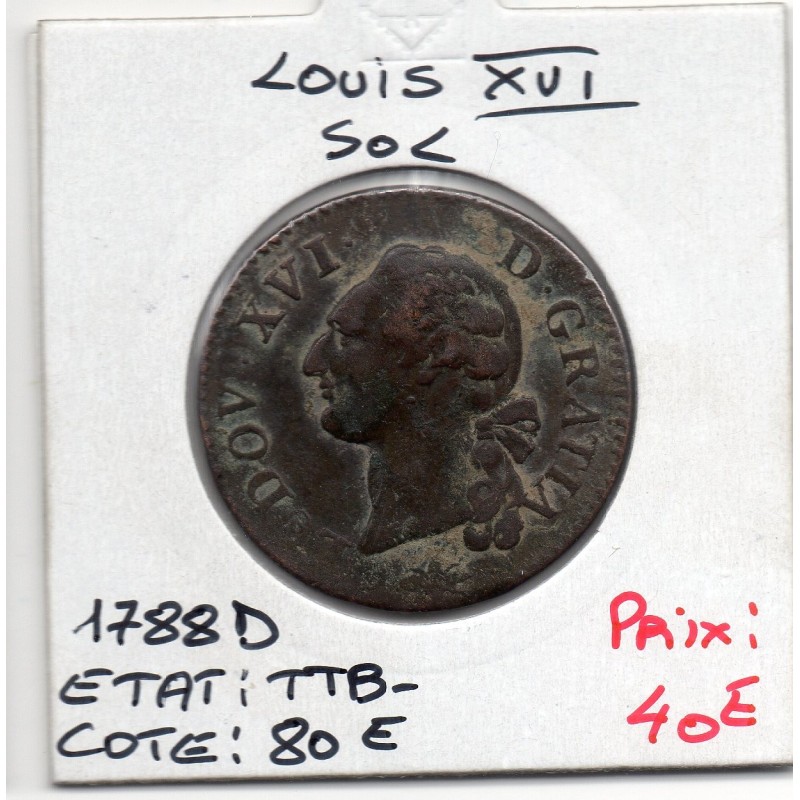 Sol 1788 D Lyon Louis XVI pièce de monnaie royale