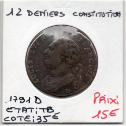 12 denier Constitution Louis XVI 1791 D Lyon TB, France pièce de monnaie