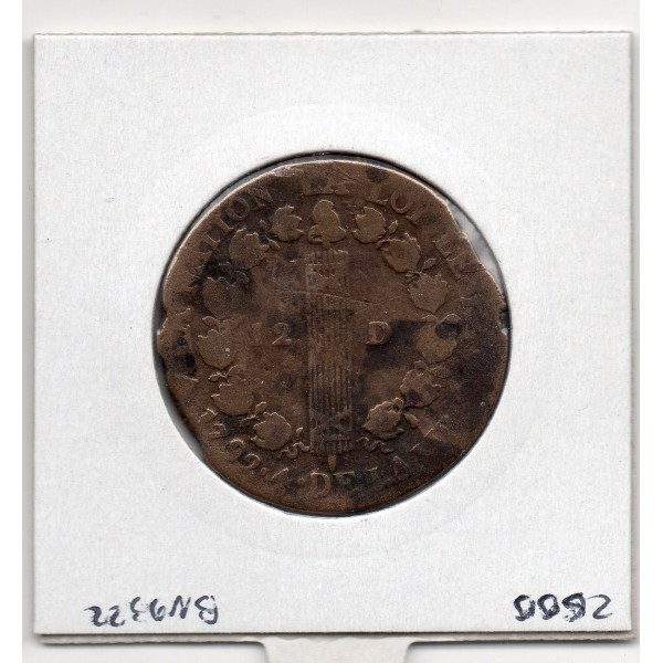 12 denier Constitution Louis XVI 1792 BB Strasbourg B-, France pièce de monnaie