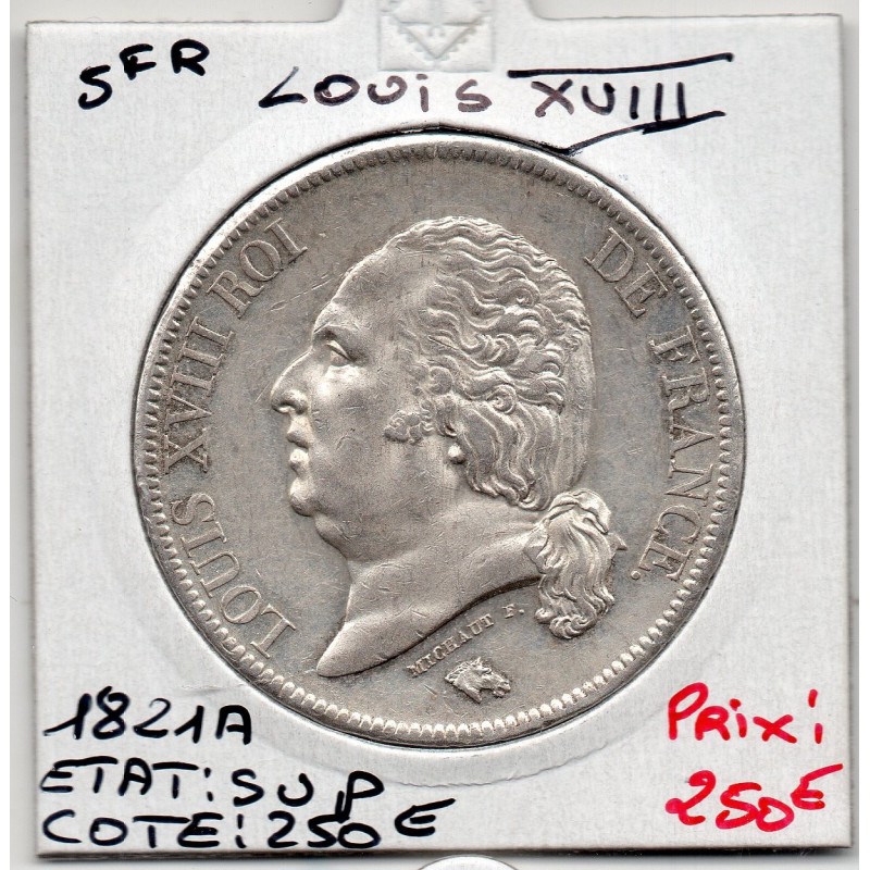 5 francs Louis XVIII 1821 A Paris Sip, France pièce de monnaie