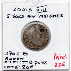 5 Sols aux insignes 1702 B Rouen Louis XIV pièce de monnaie royale