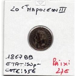 20 centimes Napoléon III tête laurée 1867 BB Strasbourg Sup-, France pièce de monnaie