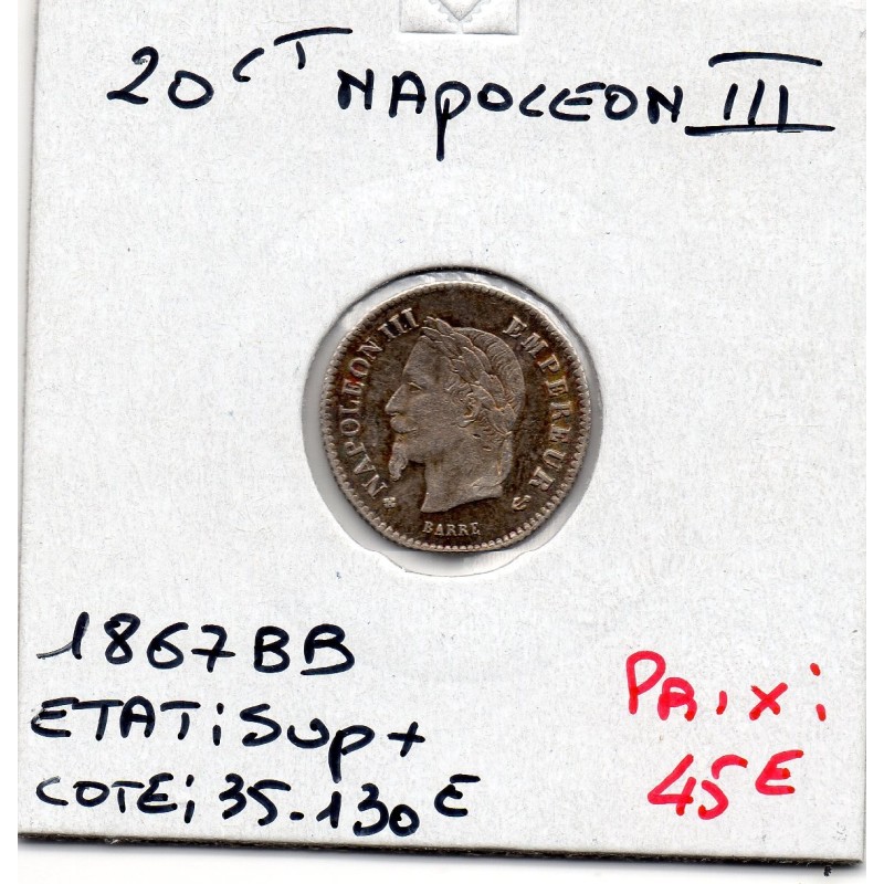 20 centimes Napoléon III tête laurée 1867 BB Strasbourg Sup+, France pièce de monnaie