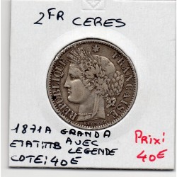 2 Francs Cérès 1870 Avec légende Grand A TTB, France pièce de monnaie