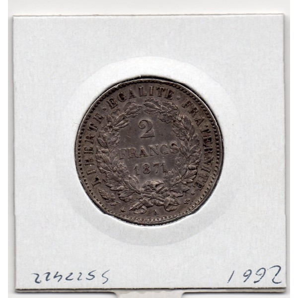 2 Francs Cérès 1871 Avec légende Petit A Sup, France pièce de monnaie