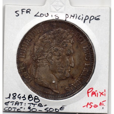 5 francs Louis Philippe 1843 BB Strasbourg TTB+, France pièce de monnaie