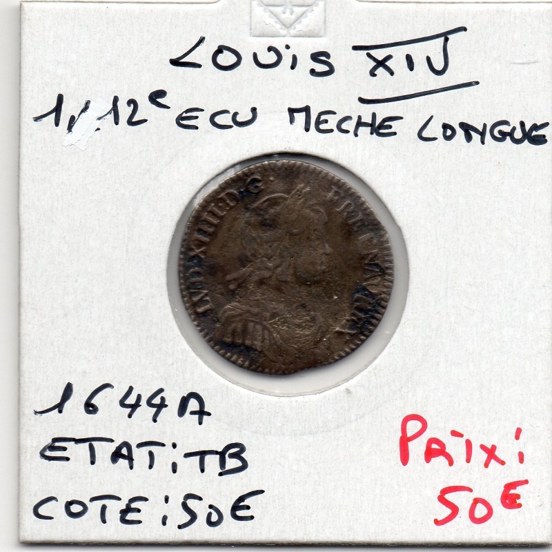 1/12 Ecu à la mèche courte 1644 A point Paris TB Louis XIV pièce de monnaie royale