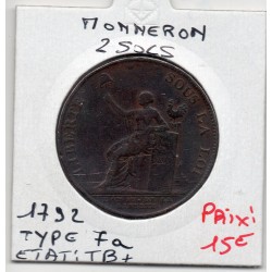 Monneron 2 sols  Type 7a 1792 TB, France pièce de monnaie de confiance