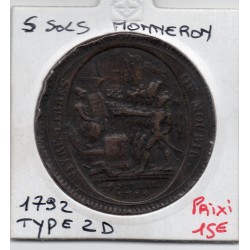 Monneron 5 sols Type 2d 1792 TB+, France pièce de monnaie de confiance