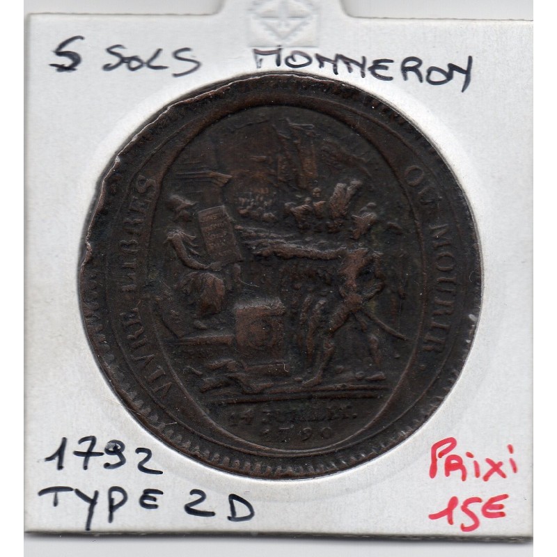 Monneron 5 sols Type 2d 1792 TB+, France pièce de monnaie de confiance