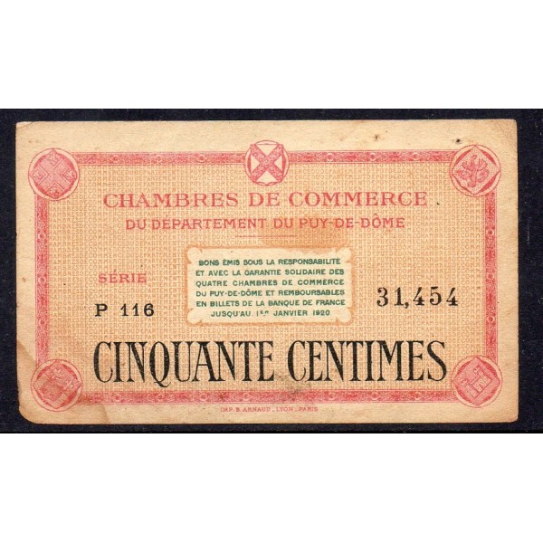 Puy de Dome 50 centimes TB 1.1.1920 Pirot 1 Billet de la chambre de Commerce