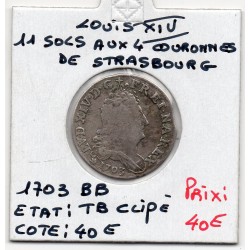 11 sols aux 4 couronnes 1703 BB Strasbourg Louis XIV pièce de monnaie royale