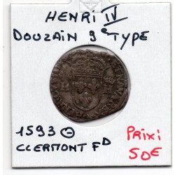 Douzain au 2 H couronnés 9eme type 1593 O Clermont Ferrand Henri IV pièce de monnaie royale