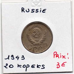 Russie 20 Kopecks 1943 TTB+, KM Y111 pièce de monnaie
