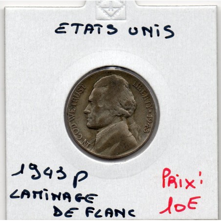 Etats Unis 5 cents 1943 P TB fauté, laminage, KM 192a pièce de monnaie