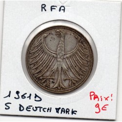 Allemagne RFA 5 deutche mark 1961 D, Sup KM 112 pièce de monnaie