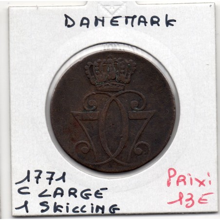 Danemark 1 skilling 1771 C Large TB, KM 616 pièce de monnaie