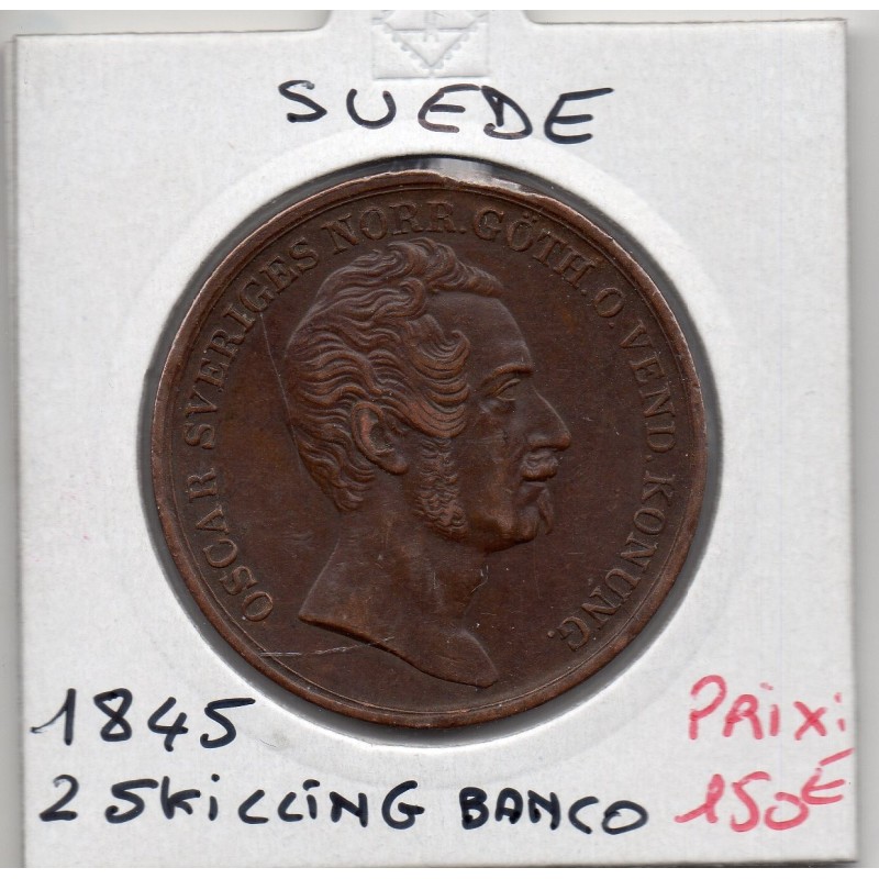 Suède 2 Skilling Banco 1845 Sup-, KM 660 pièce de monnaie