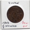 Suède 1/2 Skilling 1809 TB, KM 565 pièce de monnaie