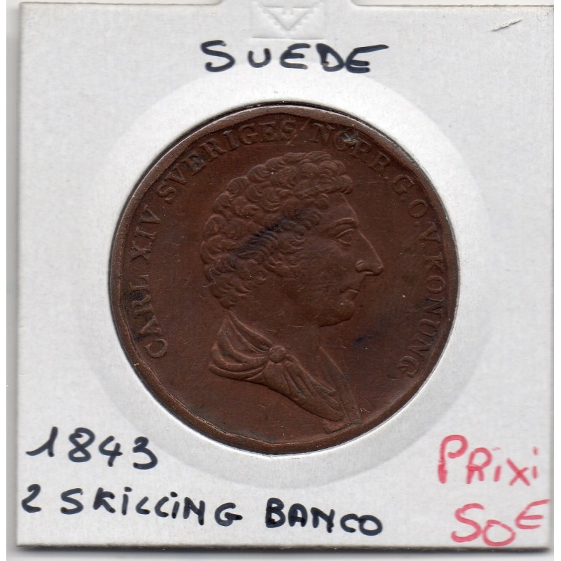 Suède 2 Skilling Banco 1843 Sup-, KM 643 pièce de monnaie