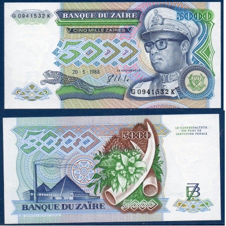 Zaire Pick N°37b, Billet de banque de 5000 Zaires 1988