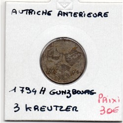 Autriche Antérieure 3 kreutzer 1794 H Gunzburg TTB, KM 22 pièce de monnaie