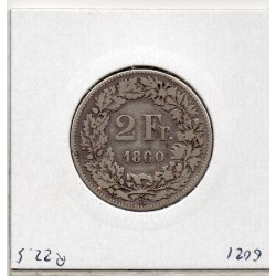 Suisse 2 francs 1860 TB, KM 10a pièce de monnaie
