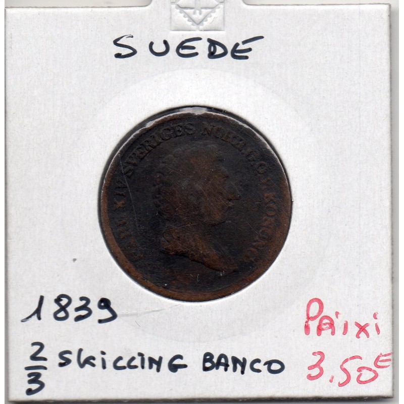 Suède 2/3 Skilling 1839 B+, KM 641 pièce de monnaie