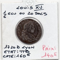 1/6 Ecu ou 20 sols France Navarre 1720 D Lyon Louis XV pièce de monnaie royale