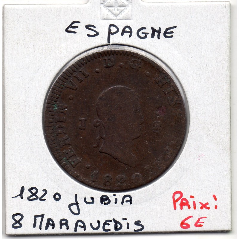 Espagne 8 maravedis 1820 J Jubia B+, KM 491 pièce de monnaie