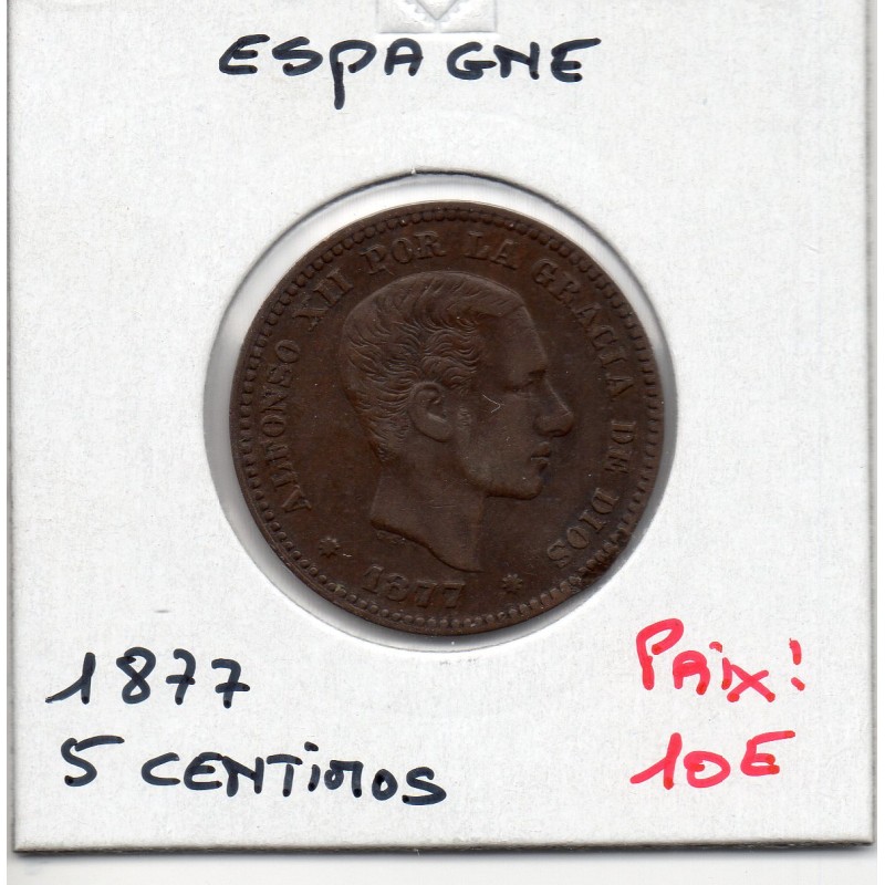 Espagne 5 centimos 1877 TTB+, KM 674 pièce de monnaie