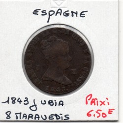 Espagne 8 maravedis 1843 jubia B+, KM 531.2 pièce de monnaie