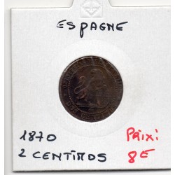 Espagne 2 centimos 1870 TTB+, KM 661 pièce de monnaie